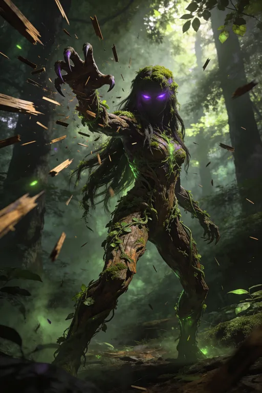Prompt: a  full standing figure from head to toe of a humanoid female creature made up of a lithe body that is combination of bark and foligae and vines, with a head of long hair made of moss. The creature has piercing, evil purple eyes but no other facial features can be seen. It is depicted with one claw-like hand raised from, from which deadly splinters of woof fly forth in a barrage. The background is a dense forest