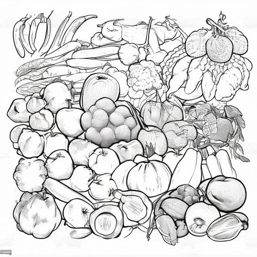 Prompt: Vegetables and fruits
 sketch for colouring 