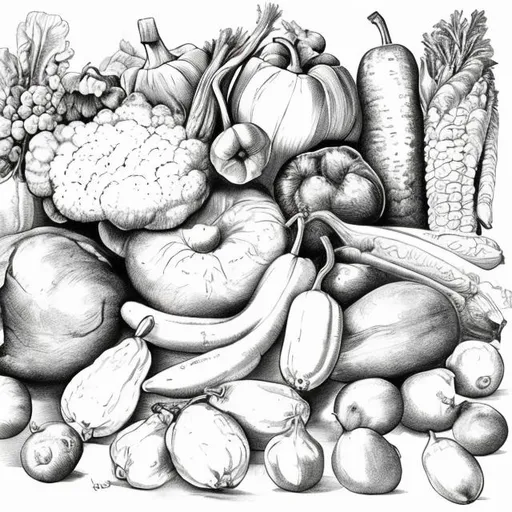 Prompt: Vegetables and fruits
 sketch for colouring 
