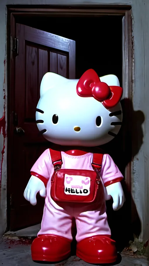 Prompt: Dvd screengrab of dario argentos 1993 hello kitty movie  , demon zombies massacred, extremely gory horror, demonic house staff slaughtered by hello kitty costume killer  ,film grain 