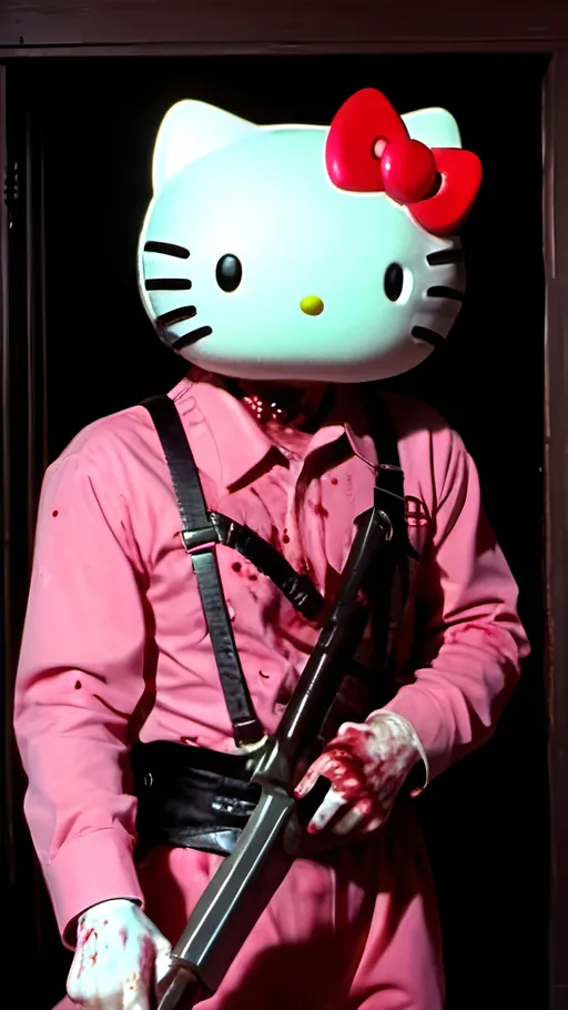 Prompt: Dvd screengrab of dario argentos 1993 hello kitty movie  , demon zombies massacred, extremely gory horror, demonic house staff slaughtered by hello kitty costume killer  ,film grain 