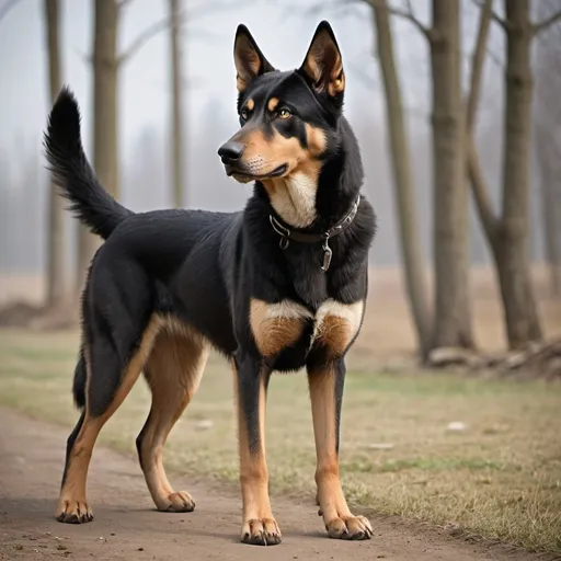 Prompt: a wolf gernman shepherd husky doberman rotwhiller alsstailion shepherd mixed animal but works as a bomb sniffer and it's male