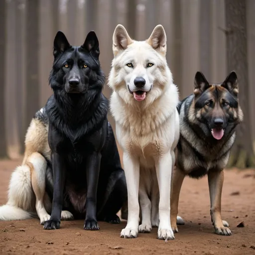 Prompt: A white male alpha wolf along side a black female omega wolf and a male german shepherd