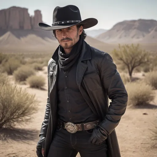 Prompt: Epic cowboy in black jacket outfit, wearing cowboy hat, while covering his face with a black bandanna, also wearing black gloves, detailed facial features, traditional oil painting, rugged black cowboy boots, dusty desert landscape, high contrast lighting, intense and focused gaze, cinematic quality, traditional, warm tones, intense shadows, western, detailed facial features, professional, full body POV, standing.