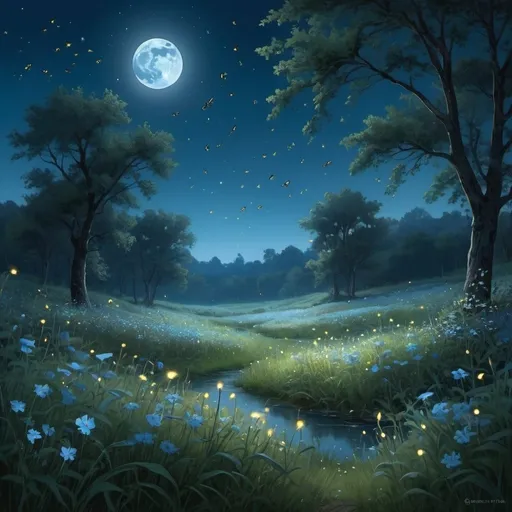 Prompt: A meadow bathed in the soft blue light of the moon, with fireflies dancing among the flowers.