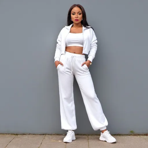 Prompt: full body picture of a lady wearing white Wide leg jogger and white crop top jacket 