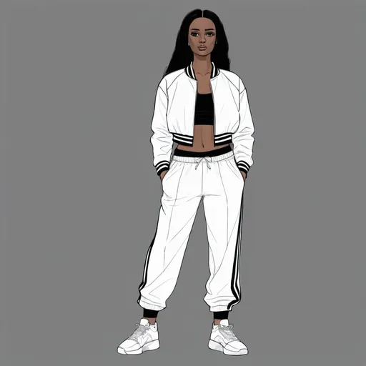 Prompt: a full sketch of a female dummy standing straight  wearing a white track pants with a crop top basketball jacket 
