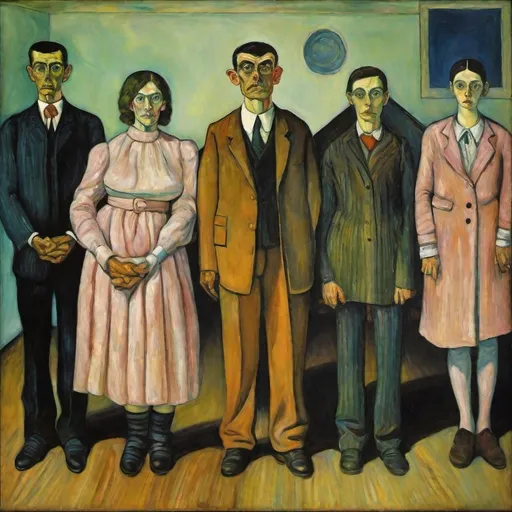 Prompt: insatisfaction family portrait; ; vibrant oil painted by munch, roland topor, de chirico, balthus, schiele, simbolism oniric masterpiece surreal