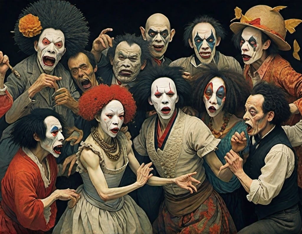 Prompt:  butoh crazy party night characters : : expresionism masterpiece, intricate detail, artwork by  delacroix, diego rivera, rousseau, schiele, seurat, odilon redon