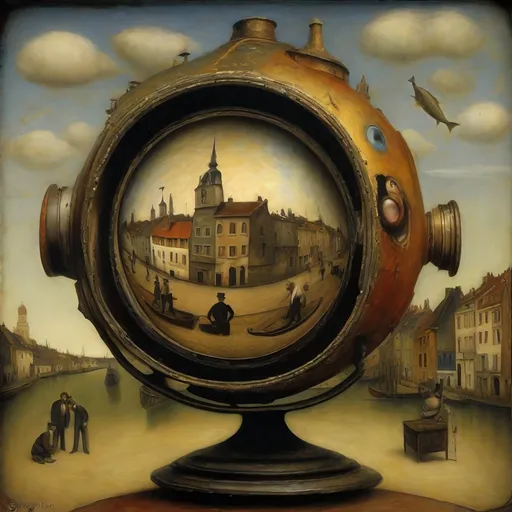 Prompt: autómatas mecánicos toma fotográfica fish eye lens : : surreal fantasy, realismo mágico, oleo painted by roland topor, george pierre seurat, odilon redon, joel peter witkin,  detailed simbolism masterpiece
