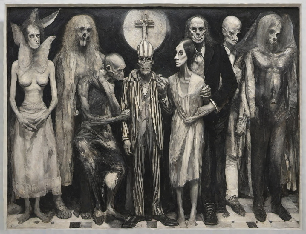 Prompt: saints and sinners : by munch, joel peter witkin, oil masterpiece