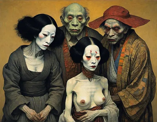 Prompt: free butoh  night characters : : expresionism masterpiece, intricate detail, artwork by  delacroix, diego rivera, rousseau, schiele, seurat, odilon redon