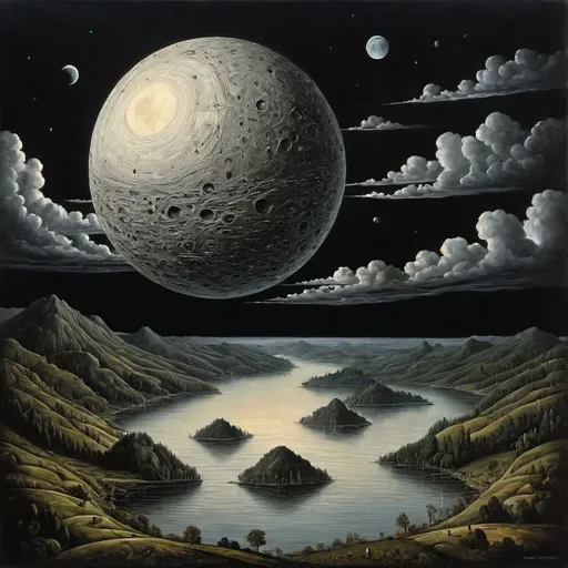 Prompt: the dark side of the moon inspiration  : : simbolism masterpiece, intricate detail, surreal ambient artwork by roland topor, brueghel, oil