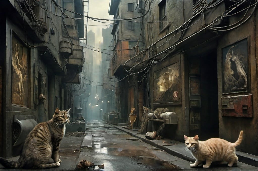 Prompt: cinematic blade runner alley with cats : expresionism landscape masterpiece, intricate detail, artwork by rafael sanzio, joel peter witkin oleo full coloured, 