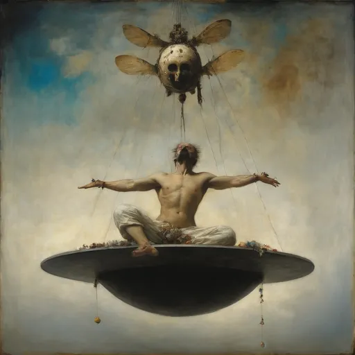 Prompt: levitation oniric : : simbolist masterpiece, intricate detail, oil painted by joel peter witkin, odilon redon, royo, full colors
