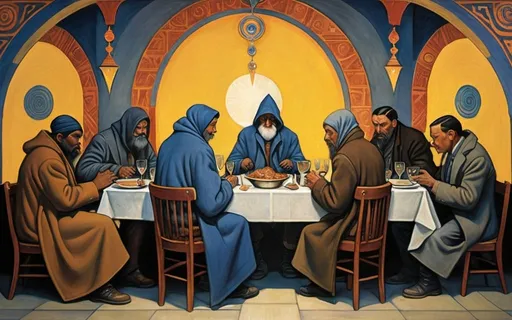 Prompt: new york beggards and homeless last dinner , by annie swynnerton and diego rivera and nicholas roerich, symbolist, dramatic lighting, elaborate geometric ornament, art brut,  smooth, sharp focus, extremely detailed, adolf wolfl
