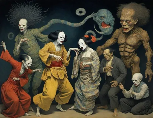 Prompt:  butoh night characters : : expresionism masterpiece, intricate detail, artwork by  delacroix, diego rivera, rousseau, schiele, seurat, odilon redon