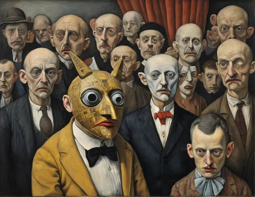 Prompt: crazy panic masquerade _  intrincate details, hyperrealism masterpiece  _ oil painted by roland topor, paul klee, balthus

