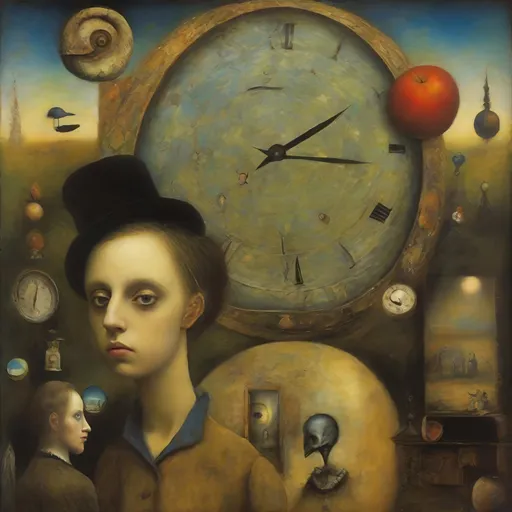 Prompt: time traveler : : surreal fantasy, realismo mágico, oleo painted by roland topor, george pierre seurat, odilon redon, joel peter witkin,  detailed simbolism masterpiece
