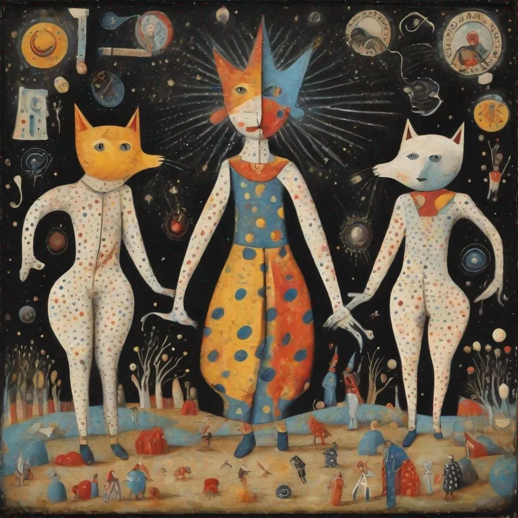 Prompt: surreal fantasy : : brut folk art masterpiece uhd ::  A variety of tarot elements with an unreasonable amount of catsand figures can be seen in this painting, depicting a surreal scene. Three human figures that seem to address dancing are central. The figures are stylized and aesthetically abstract. The middle figure is dressed in a polka dot body suit, the head resembles a mask with pointed ears, similar to a cat. The left figure, apparently female, wears a dress with red and white polka dots, her head is rabbit-like with long ears. The right figure, also female, wears a similar dress and poses elegantly with her arms raised, holding a rope in her hands that leads to a bird.  As jazz musics, The objects and figures are embedded in a network of geometric lines and dots that could be reminiscent of a spider web or molecular structures. The lines connect various, floating, geometric shapes such as circles and ellipses. The background design is complex and contains foliage-like structures, spirals and wave shapes, which in turn may have a connection to the central motif of the dancers. The color palette is rich with dominant blue and beige tones, punctuated by accents of red, yellow and black. The composition is dynamic and seems to visualize movement and music. There is no clear separation of objects; they flow into each other and create a harmonious but complex overall picture. This could indicate a connected meaning that symbolizes the intertwining of dreams and dance, as the text "Dream Dancer" also suggests. Two animals can also be seen at the bottom of the picture: a cat snuggling up to one of the figures and a dog with spots looking to the right. There is no obvious frame or mat, reinforcing the illusion of a limitless, dreamy world. The density of objects varies, with a greater concentration around the central figures, breaking ; ; 
