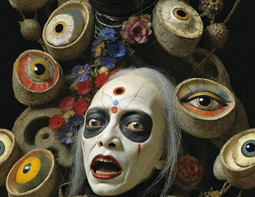 Prompt: butoh character : : simbolist masterpiece, intricate detail, artwork by  joel peter witkin, odilon redon, royo, delacroix, full coloured, eyes features