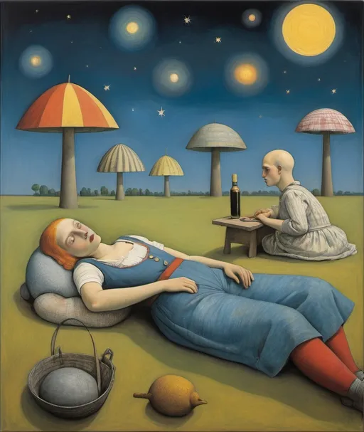 Prompt: summer night melancolic and nostalgic characters  _ canvas _ artwork inspirated by roland topor, paul klee, balthus
