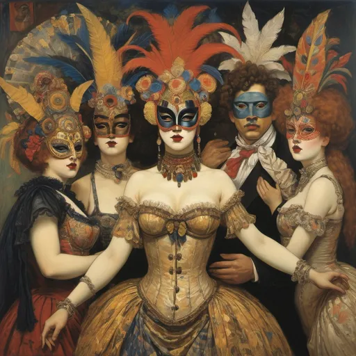 Prompt: kermesse masquerade burlesque : : expresionism masterpiece, intricate detail, artwork by  delacroix, diego rivera, rousseau, schiele, seurat, odilon redon