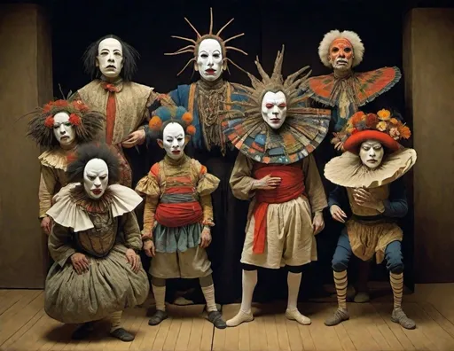 Prompt: teatro de mascaras butoh characters : : expresionism masterpiece, intricate detail, surreal ambient artwork by  delacroix, diego rivera, rousseau, schiele, seurat, odilon redon