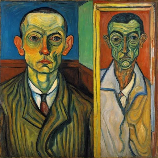 Prompt: squizo psyche selfportrait ; ; vibrant oil painted by munch, de chirico, balthus, schiele, simbolism oniric masterpiece