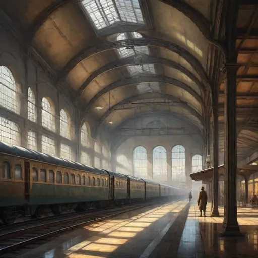 Prompt: Dieselpunk railway station, perfect perspective, 2 point perspective, steam, epic composition, intricate, elegant, volumetric lighting,  painting, oleo sobre tabla, highly detailed,  sharp focus,  by hopper, balthus, piero della francesca, simbolismo masterpiece, 32k