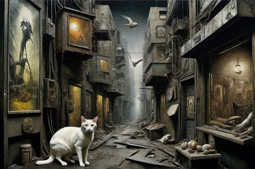 Prompt: cinematic blade runner alley cat : expresionism landscape masterpiece, intricate detail, artwork by joel peter witkin oleo full coloured, 