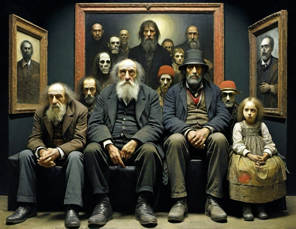 Prompt: begards and  homeless freak family portrait  : simbolist masterpiece, intricate detail, artwork by  joel peter witkin, odilon redon, royo, roland topor, full coloured