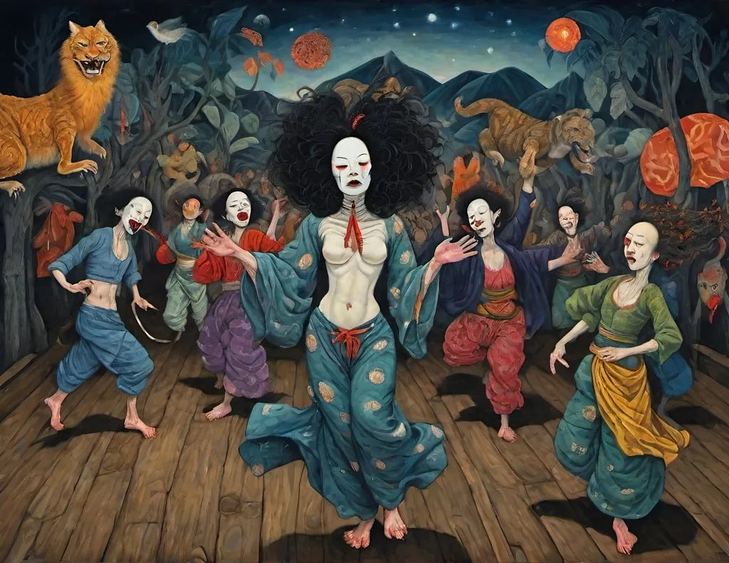 Prompt: butoh night dance : : folk brut naive art, oniric masterpiece, intricate detail, artwork by gaugin, delacroix, diego rivera, rousseau, schiele