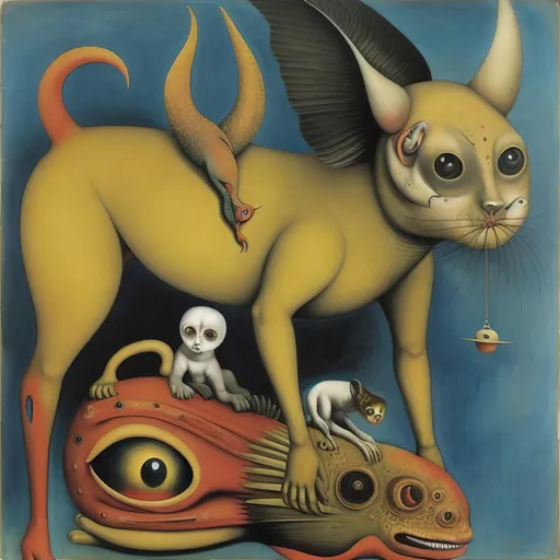 Prompt: surrealist oniric animal fantastic : : oil painted by  roland topor,  chaim soutine, joel peter witkin, odilon redon, surrealism masterpiece, full coloured, uhd