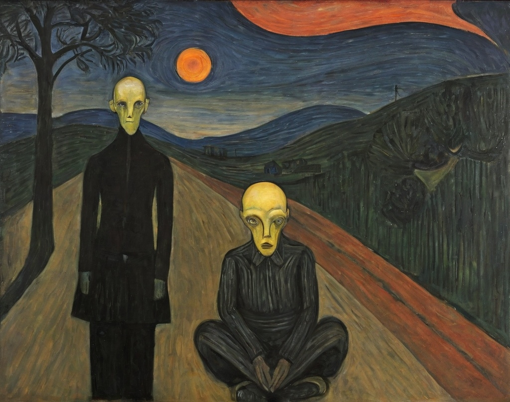Prompt: nocturnal music  : by munch, rafael sanzio, klee, roland topor : :  oil masterpiece
