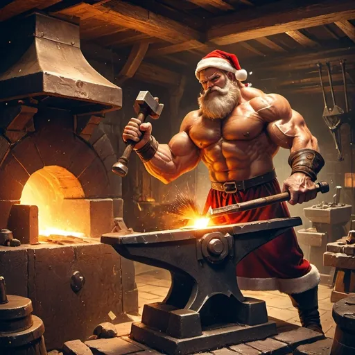 Prompt: (muscular strong man), standing next to a large anvil, (holding a hot metal with tongs) in his left hand, (hammer) in his right hand, (Santa hat), forging in an intense scene, (holiday's magical atmosphere), warm glowing lighting, detailed background of a forge, (concept art style), (ultra-detailed), celebrating Christmas, atmosphere of craftsmanship and festivity.