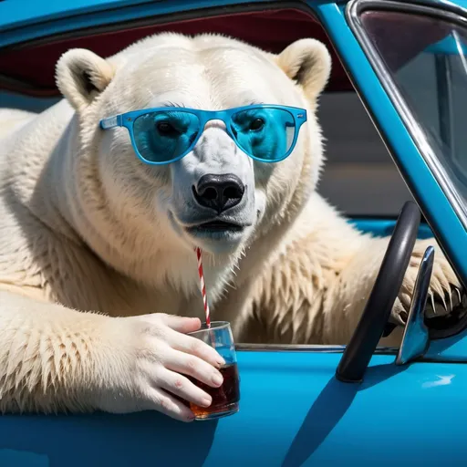 Prompt: a polar bear with sunglasses driving a blue car with a glass of cola
