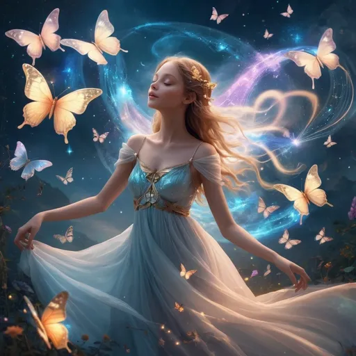 Prompt: Enter a realm where ethereal beauty meets celestial grace. 🦋✨ In this enchanting digital art, divine butterflies dance in harmony around a celestial girl, weaving tales of magic and wonder. Lose yourself in the mesmerizing allure of their delicate flight, as dreams take flight on wings of enchantment. 