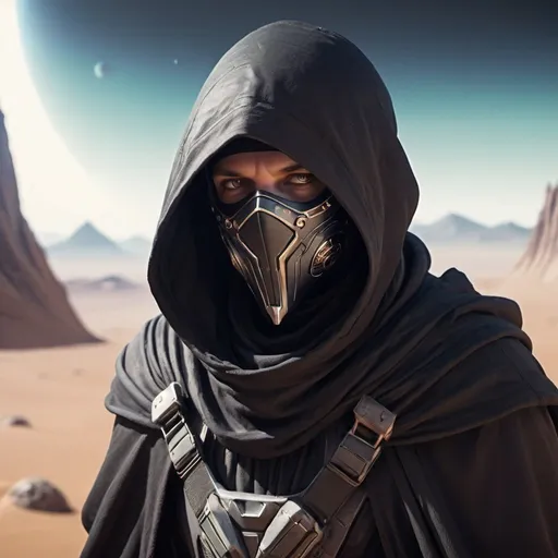 Prompt: Close-up, Destiny style wanderer in a black cloak and hood and mask looks around on an alien desert planet