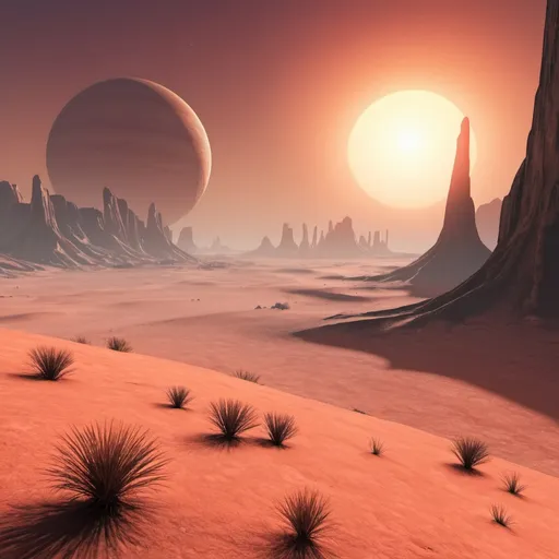 Prompt: Dawn on another planet with a desert landscape