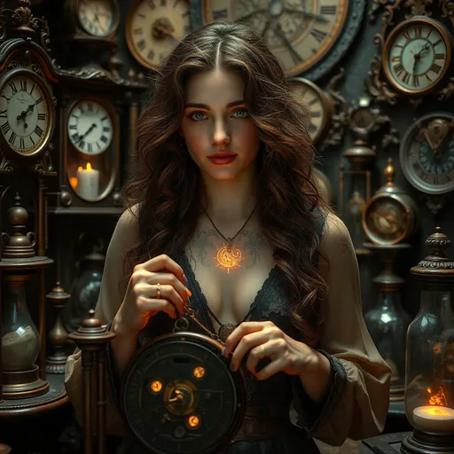 Prompt: A mysterious and intricate image of a fair-skinned woman with long, wavy, curly brown hair, working as a timekeeper in a hidden, otherworldly workshop. The scene is filled with antique clocks, hourglasses, and celestial models, all meticulously maintained by the woman. She’s dressed in a timeless, elegant outfit that blends elements of different eras, her hands carefully adjusting the gears of an ornate timepiece. Her bioluminescent tattoo on her chest glows in a soft, golden hue, symbolizing her control over the flow of time. The image captures the enigmatic nature of her job, where the past, present, and future are delicately balanced by her expert hands.