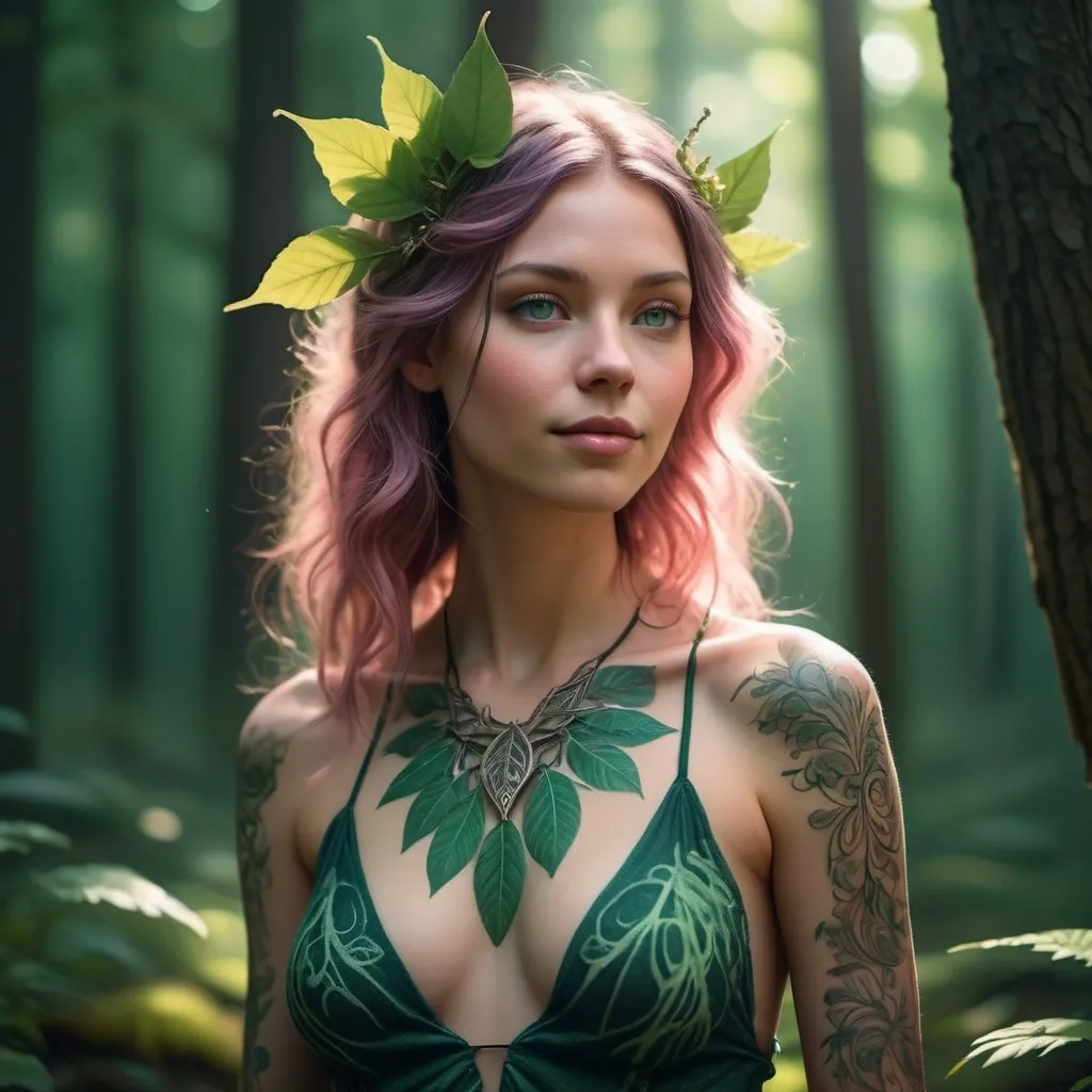 Prompt: A bold and beautiful forest nymph with flowing hair and gentle smile, adorned in a delicate, earthy gown with intricate leaf patterns, glowing tattoos on her chest and neck radiating soft, ethereal light, against a serene emerald green woodland backdrop with warm sun rays filtering through the trees, casting dappled shadows on her skin. Soft studio lighting and neon soft pink accents illuminate the tattoos, subtly glowing with an otherworldly quality, reminiscent of the mystical styles of Ash Thorp, Simon Stalenhag, and Android Jones, blending abstract art elements with fine, whimsical details.