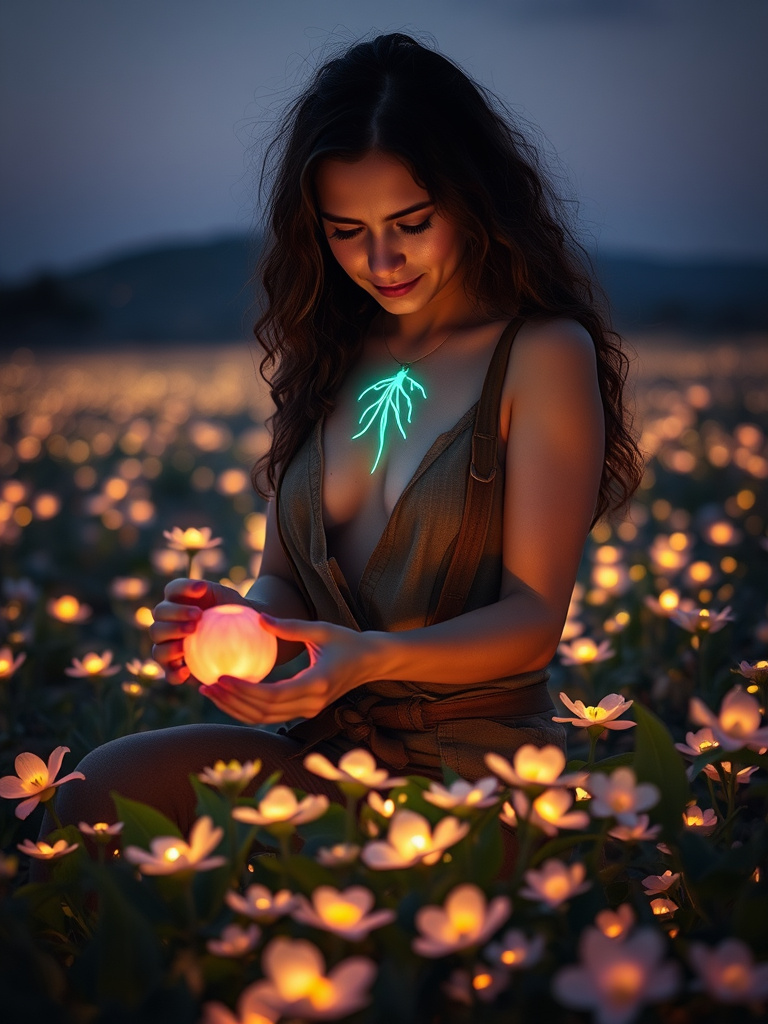 Prompt: A peaceful and surreal image of a fair-skinned woman with long, wavy, curly dark brown hair, working as a bioluminescent farmer in a secluded, otherworldly landscape. The scene is set at twilight, where glowing plants and flowers cover the ground, casting an ethereal light. The woman, dressed in rustic yet futuristic attire, is tending to the crops, carefully harvesting a glowing fruit. Her bioluminescent tattoo on her chest glows in harmony with the surrounding plants, sharing the same soft, iridescent hue. The image creates a dreamlike atmosphere, blending the wonders of nature with the innovative farming techniques of a not-so-distant future.