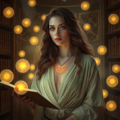 Prompt: A mystical and introspective image of a fair-skinned woman with long, wavy, curly brown hair, working as a soul archivist in a sacred, ethereal library. She carefully stores and catalogues the essences of departed souls in glowing orbs that float around her in an enchanted environment. Dressed in flowing, ceremonial robes, her bioluminescent tattoo on her chest glows in a warm amber, matching the soft glow of the souls she protects. The image conveys a deep sense of reverence for the past and the delicate nature of preserving spiritual legacies