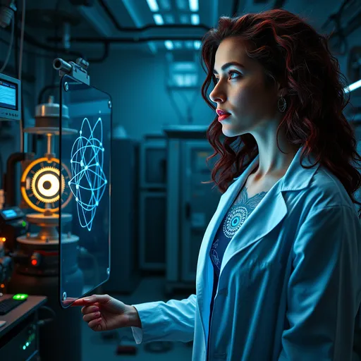 Prompt: A mesmerizing image of a fair-skinned woman with long, wavy, curly burgundy hair, working as a quantum physicist in a state-of-the-art laboratory. The scene is set in a dimly lit room filled with intricate equipment, holographic displays, and a particle accelerator glowing with energy. The woman, dressed in a sleek lab coat, is analyzing complex quantum patterns on a transparent screen. Her bioluminescent tattoo on her chest glows in a deep, cosmic blue, resonating with the mysterious forces she studies. The image captures the intellectual intensity and the cutting-edge nature of her work, as she delves into the fundamental mysteries of the universe