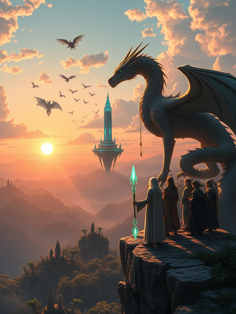 Prompt: A majestic scene featuring a group of adventurers standing on the edge of a cliff overlooking an enchanted forest. The sky is filled with floating islands and glowing mythical creatures soaring between them. The leader, a tall elf with silver hair and emerald eyes, holds a glowing staff. Beside them, a fierce dragon with shimmering scales curls around a crystal tower in the distance. The entire landscape is bathed in the warm light of twin suns setting in the horizon.