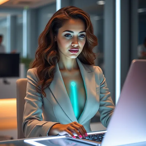 Prompt: A cutting-edge and cerebral image of a fair-skinned woman with long, wavy, curly brown hair, working as an emotional algorithm designer in a sleek, modern office. The woman is seated at a glowing console, creating algorithms that allow artificial intelligence to experience and understand human emotions. She wears a minimalist yet futuristic business suit, and her bioluminescent tattoo on her chest glows in a calming, cyan blue, symbolizing the balance of logic and emotion in her work. The image conveys the profound impact of programming emotions into machines, exploring the connection between humanity and technology.