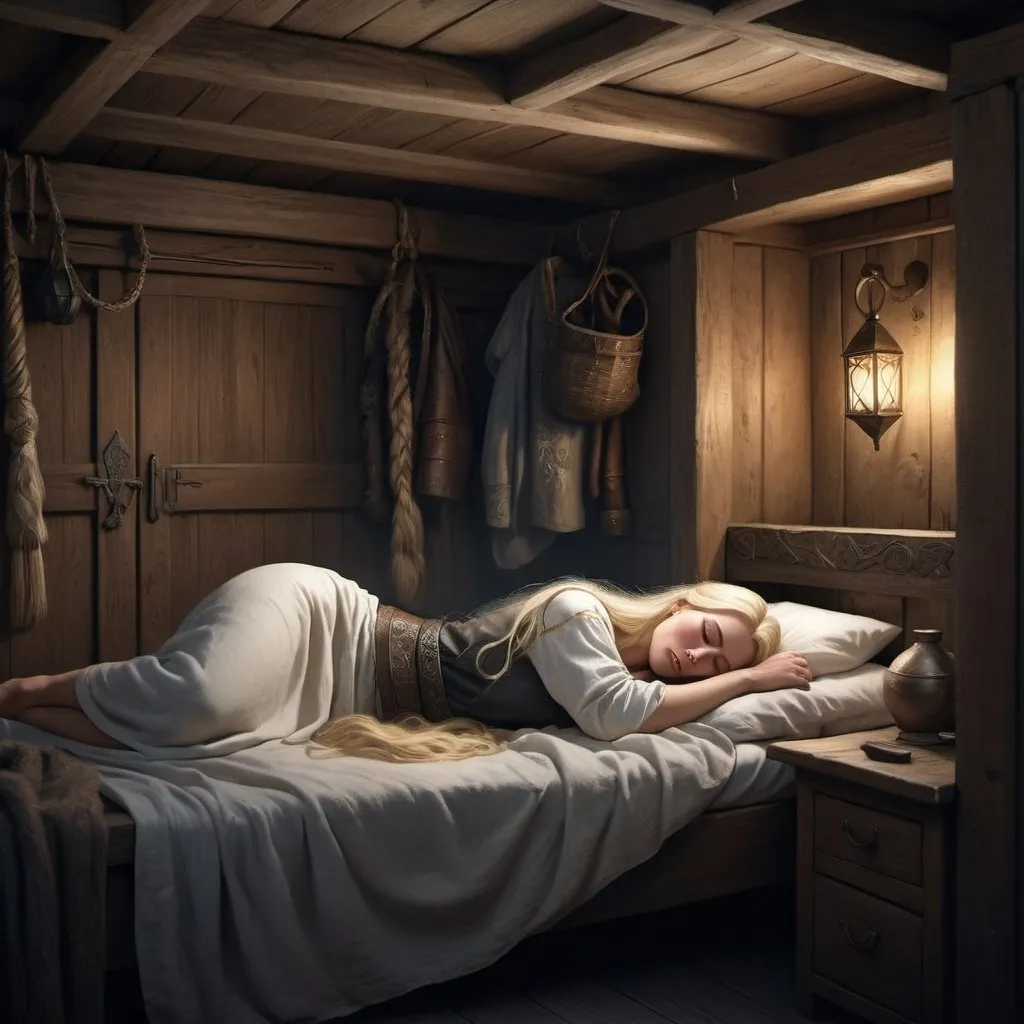 Prompt: Realistic illustration of a Nordic goddess sleeping in a chamber, long blonde hair, viking age clothing, black-haired thief sneaking in, detailed room setting, high quality, realistic, nordic, goddess, long blonde hair, viking age clothing, black-haired thief, detailed room, realistic lighting, detailed illustration, atmospheric setting