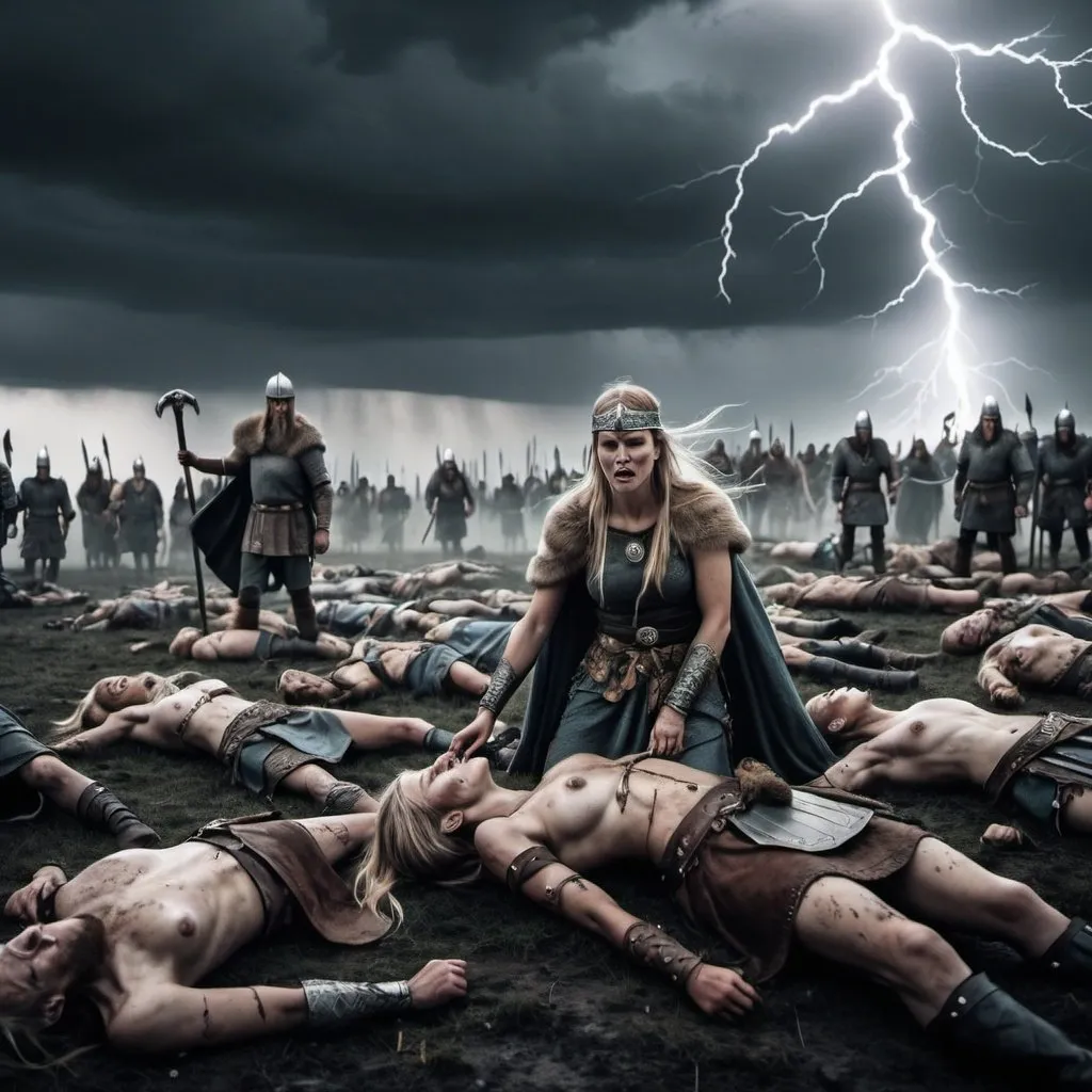 Prompt: a goddess wakes up the dead warriors after a battle, dead warriors lying on the ground, a few are getting up, nordic viking age, battlefield, grim lightning, dark sky