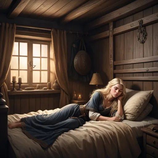 Prompt: Realistic illustration of black-haired thief sneaking in a bedroom. long blonde haired godess sleeping in bed, viking age clothing,  detailed room, realistic lighting, detailed illustration, atmospheric setting